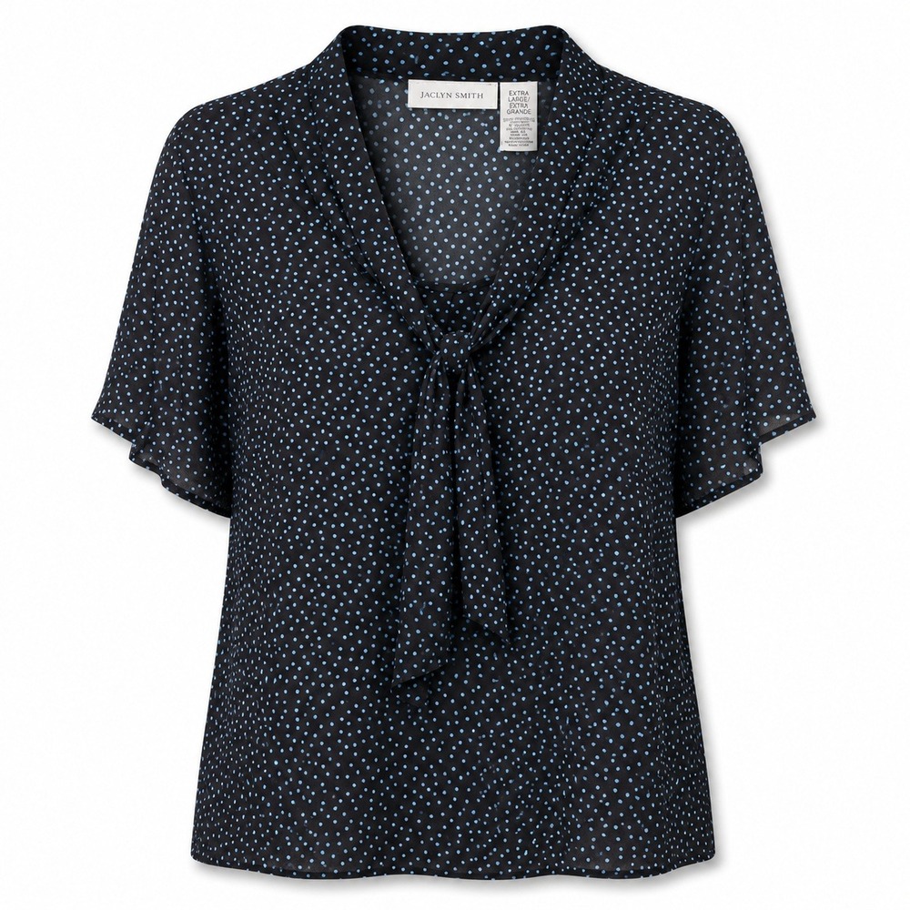 Jaclyn Smith Tie Neck Blouse Womens XL Blue Polka Dot Excellent Flutter Sleeve